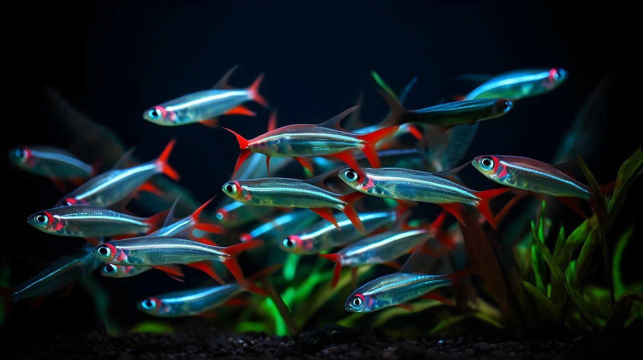 Banc de Tétra néons dans un aquarium planté