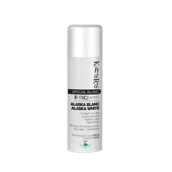 Shampoing sec chien poil blanc, poudre blanche Alaska