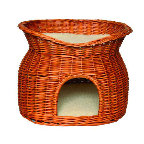 Panier osier avec niche pour chat marron dôme double couchette
