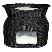 Panier osier chat, avec niche, osier noir