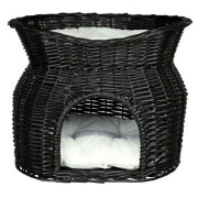 Panier osier chat, avec niche, osier noir