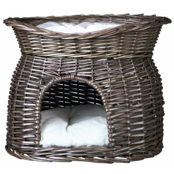 Niche osier pour chat avec panier au dessus, osier gris