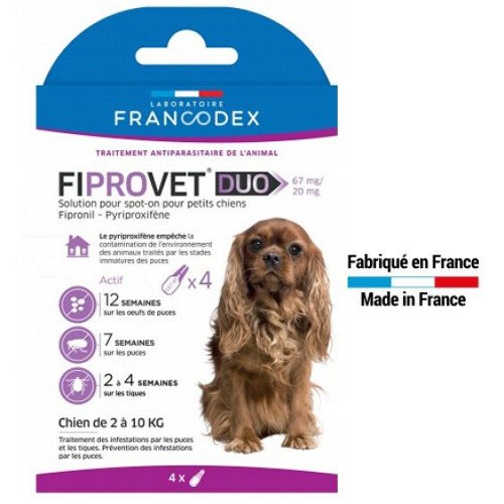 Fiprovet Duo pipettes petit chien 2 à 10 kg 4x0,67 ml Francodex