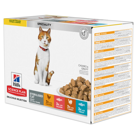 HILL'S Science Plan Sterilised Cat multipack pour chat adulte stérilisé (poulet, saumon, truite, dinde) 12 x 85 g