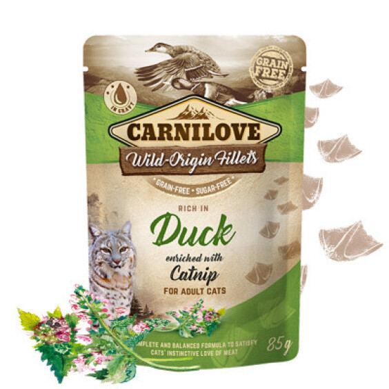 CARNILOVE Sachet fraîcheur chat sans céréales canard et herbe à chat
