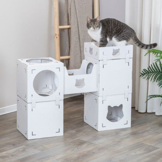Meuble pour chat en carton avec tunnel