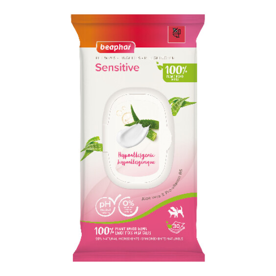 Lingettes nettoyantes sensitives hypoallergéniques Aloé Vera pour chien et chat Beaphar