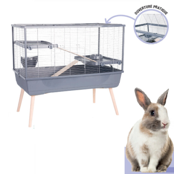 Cage Lapin sur pied : Intérieur, 100 cm, 2 étages