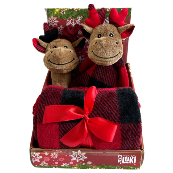 Ensemble jouet & couverture Noël – peluche renne + plaid 100×75 cm