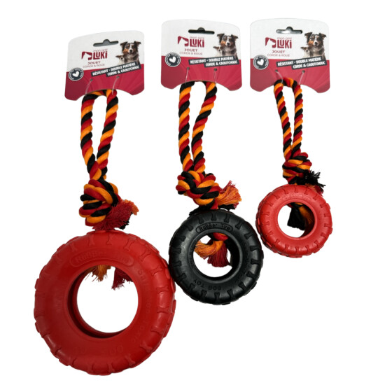 Jouet chien roue caoutchouc avec corde