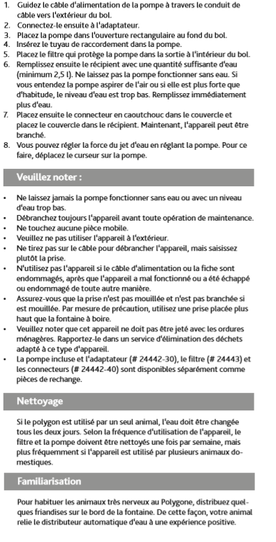 Mode d'emploi Fontaine à eau silencieuse Polygon chat et chien 2,5 L