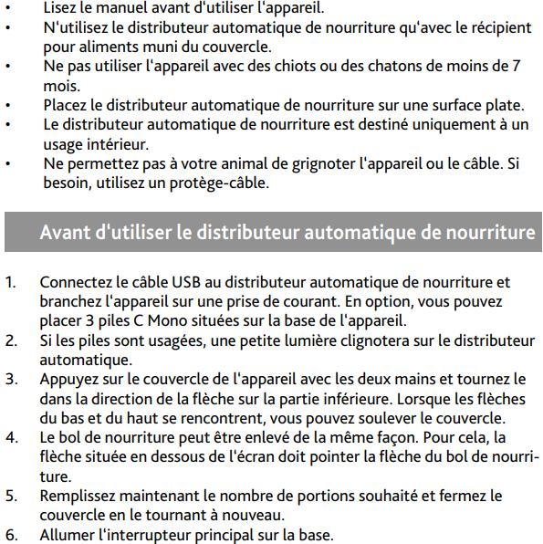 Mode d'emploi Distributeur automatique nourriture TX5+1 diamètre 32 cm