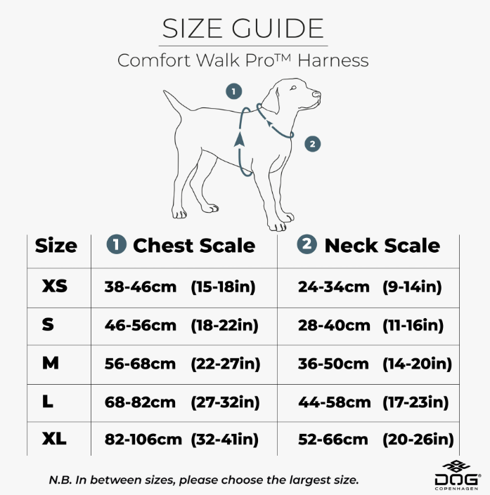 Guide des tailles Harnais en Y Comfort Walk Pro anti-traction avec poignée noir DOG Copenhagen