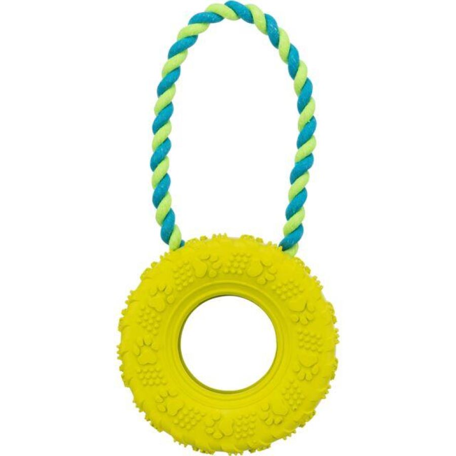 Jouet pneu avec corde pour chien destructeur