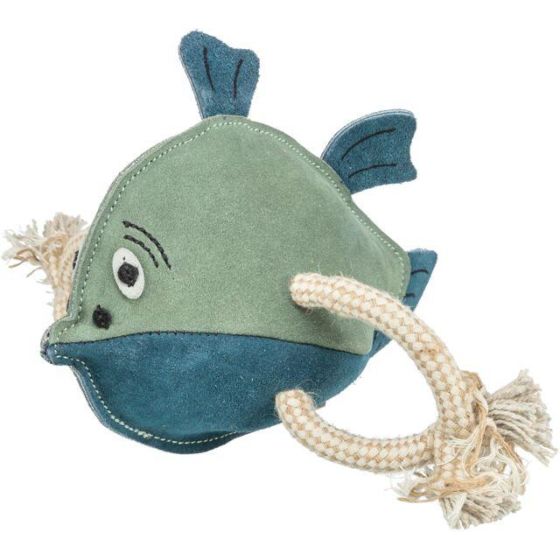 Jouet chien cuir véritable et corde poisson