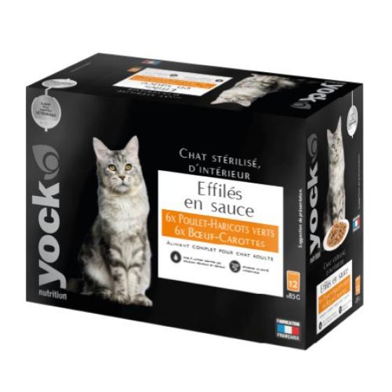 Effilés en sauce poulet & bœuf , Chat stérilisé et d’intérieur 12 x 85G YOCK NUTRITION