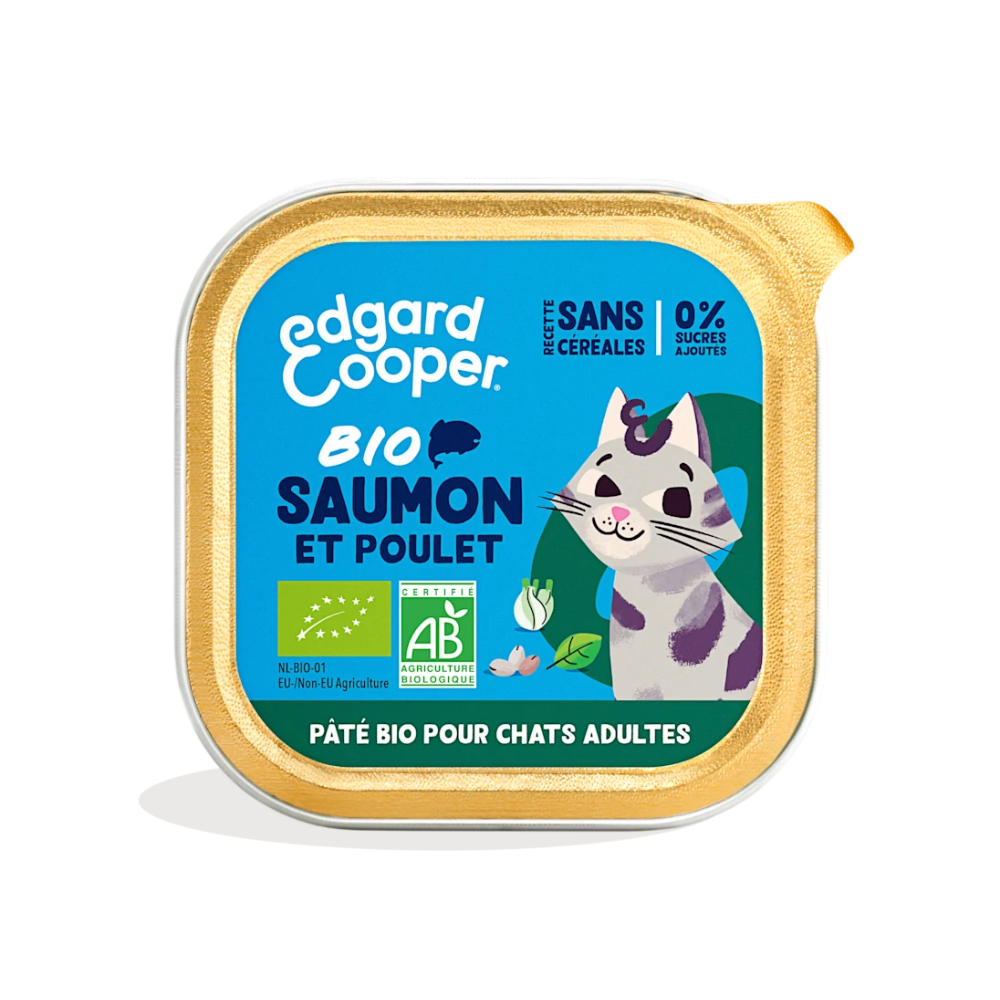 Pâtée Bio pour chat sans céréales au saumon et poulet