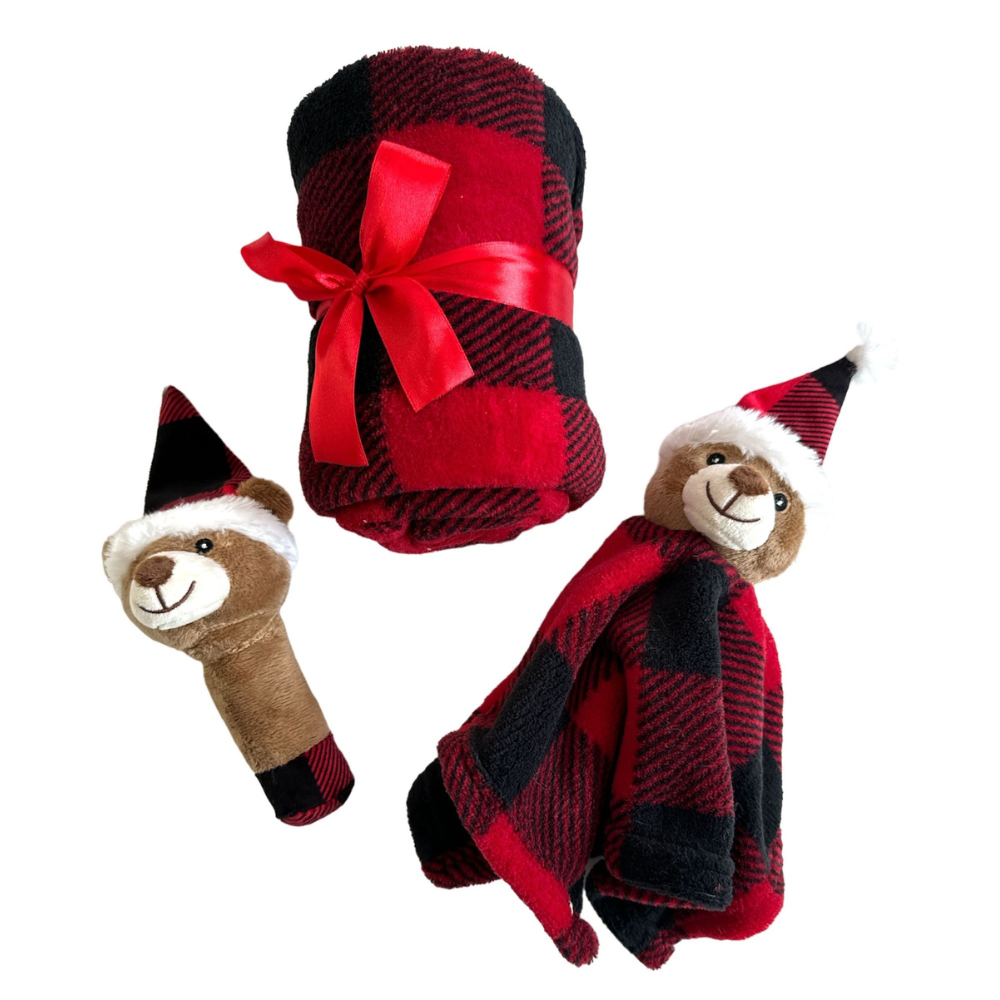 Ensemble jouet & couverture Noël – peluche ours + plaid 100×75 cm
