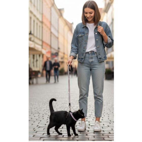 Harnais et laisse noir avec strass pour chat